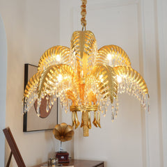 Brass Palm Leaf Crystal Ceiling fixture Chandelier