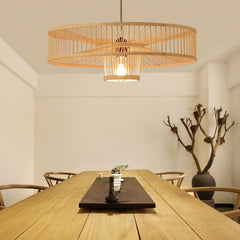 Farmhouse Burlywood Drum Light Pendant Large Framed Bamboo Pendant Lighting