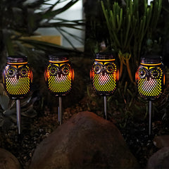 2-Pack Solar Lanterns Flickering Flame Metallic Owl Stake Solar Lights Garden Landscape Lights for Outdoor Decor