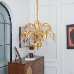 Brass Palm Leaf Crystal Ceiling fixture Chandelier